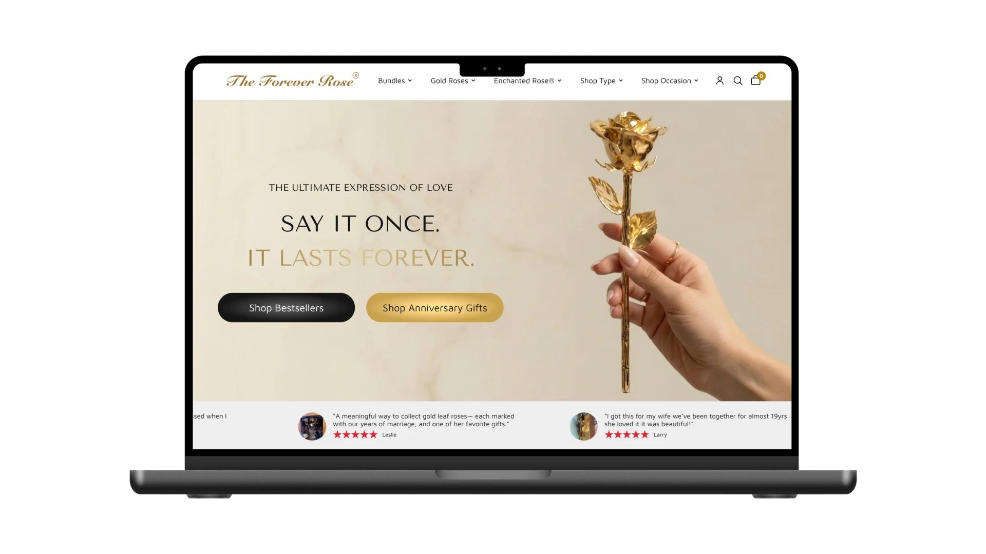 The Forever Rose ecommerce website homepage: luxury gold-dipped and preserved roses