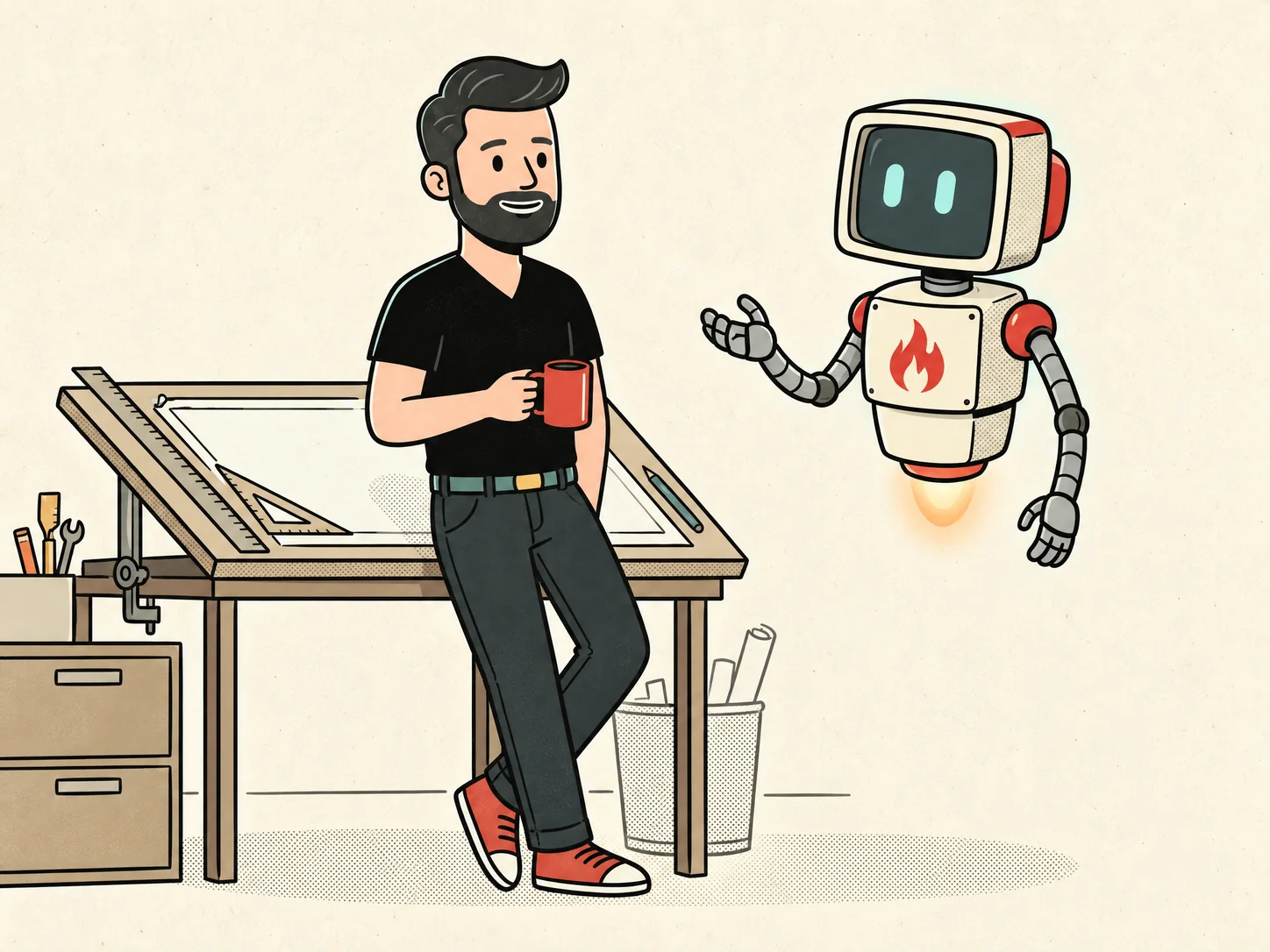 A Big Flare specialist leans on a drafting desk with a red coffee mug, chatting with the Big Flare AI robot hovering beside him