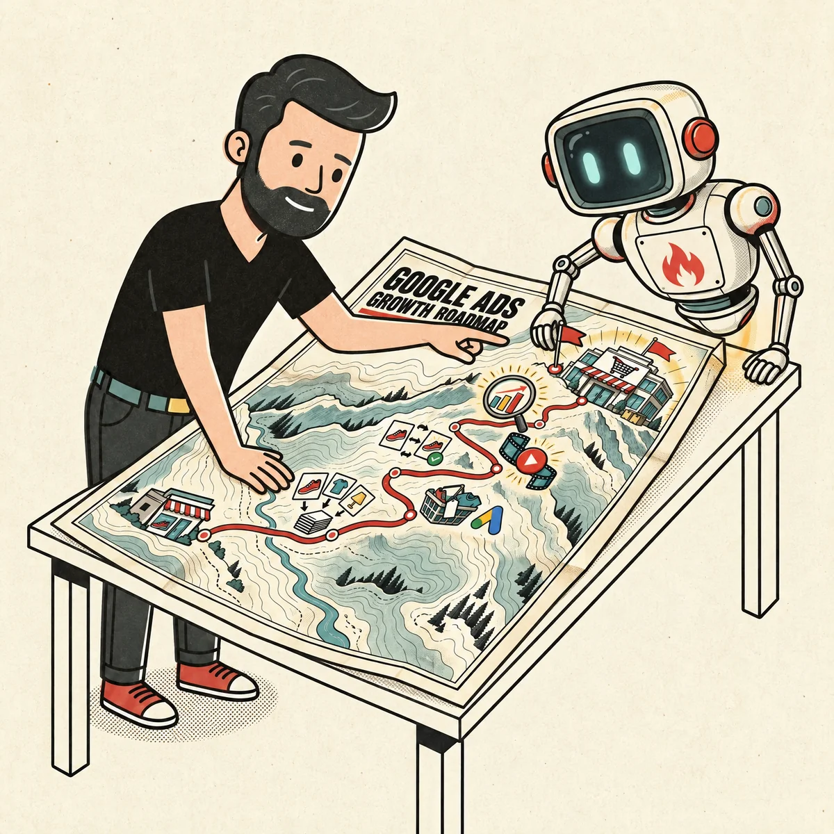 A Big Flare specialist points along the red route of a Google Ads Growth Roadmap map while the Big Flare AI robot pins a red flag on the next milestone