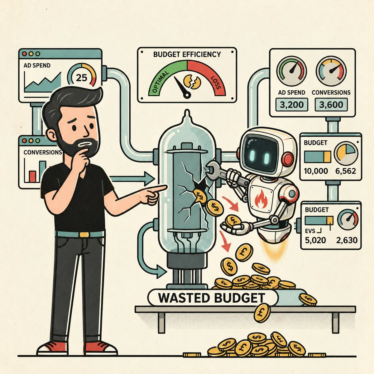 A thoughtful Big Flare specialist points at a cracked glass tube leaking gold coins of wasted ad budget while the Big Flare AI robot tightens the joint with a spanner