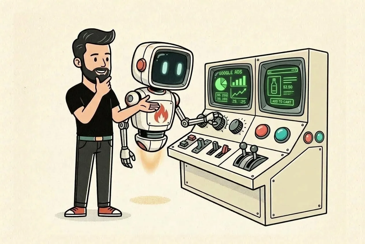A Big Flare specialist thinks and talks with the Big Flare AI robot at a retro control console with two green CRT screens showing a Google Ads dashboard and an ecommerce product page