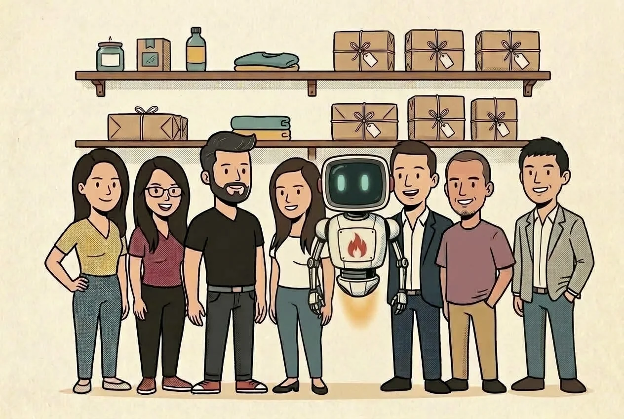 The Big Flare team stand together with the Big Flare AI robot in the middle of the group, in front of wooden shelves holding ecommerce products and neatly wrapped parcels