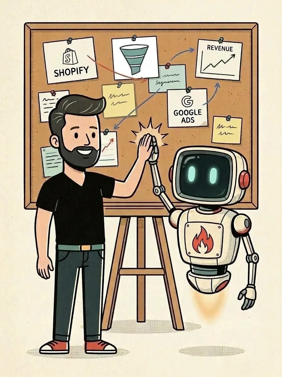 A Big Flare specialist and the Big Flare AI robot high-five in front of a cork bulletin board pinned with an advertising strategy: a marketing funnel, a rising revenue graph, and Shopify and Google Ads cards