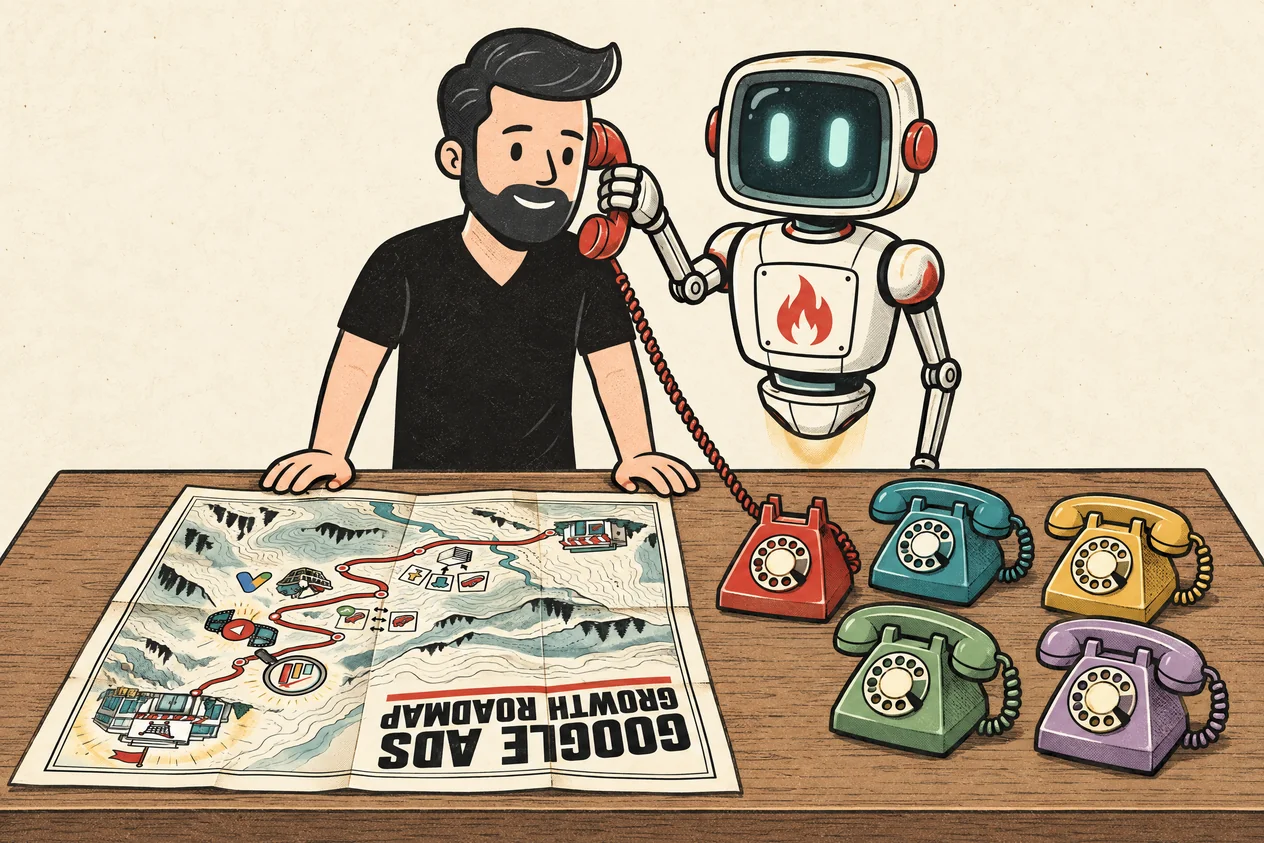 A Big Flare specialist stands behind a table studying a Google Ads Growth Roadmap map beside five colourful rotary dial telephones while the Big Flare AI robot holds the red handset to his ear