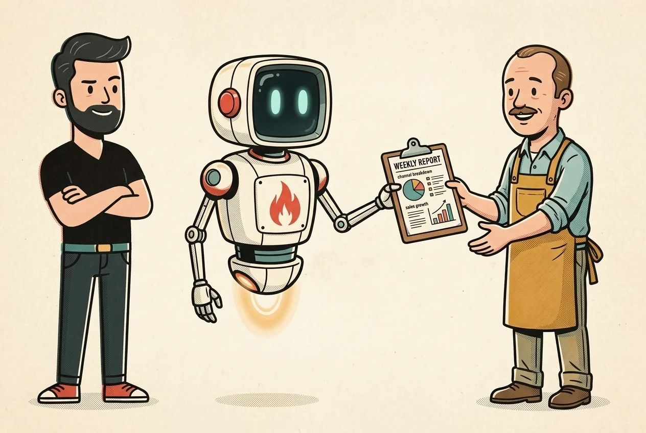 The Big Flare AI robot hands a weekly report clipboard to an ecommerce store owner in an apron while a Big Flare specialist looks on
