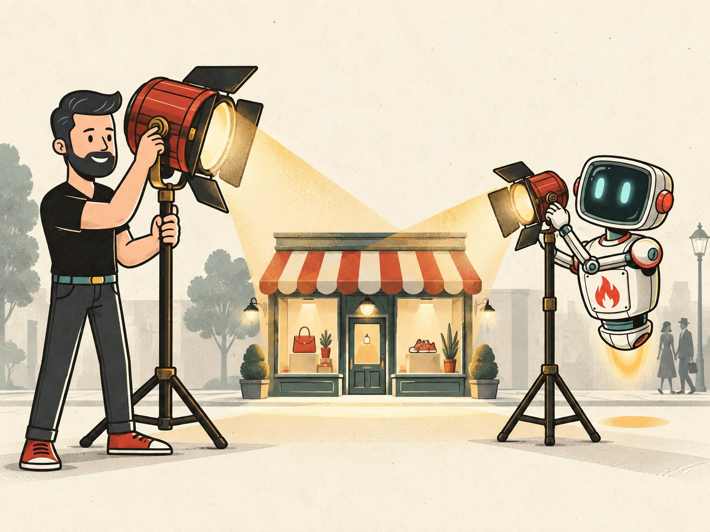 A Big Flare specialist and the Big Flare AI robot aim two red stage spotlights at a small ecommerce storefront with a striped awning