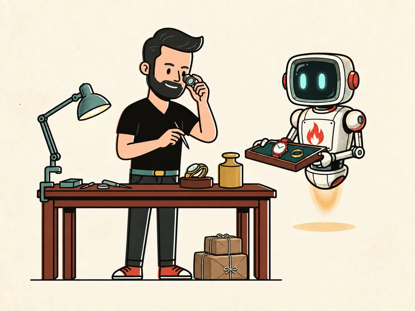 A Big Flare specialist inspects a watch through a jeweller's loupe at a workbench while the Big Flare AI robot presents a tray of products