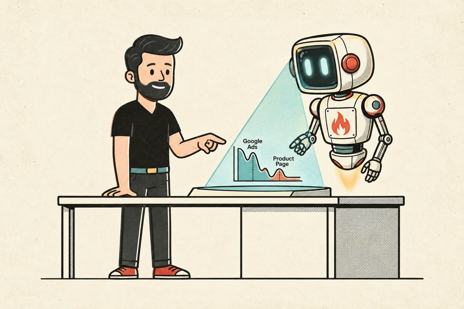 The Big Flare AI robot projects an enlarged Google Ads versus product page chart onto a desk as a Big Flare specialist points at the problem