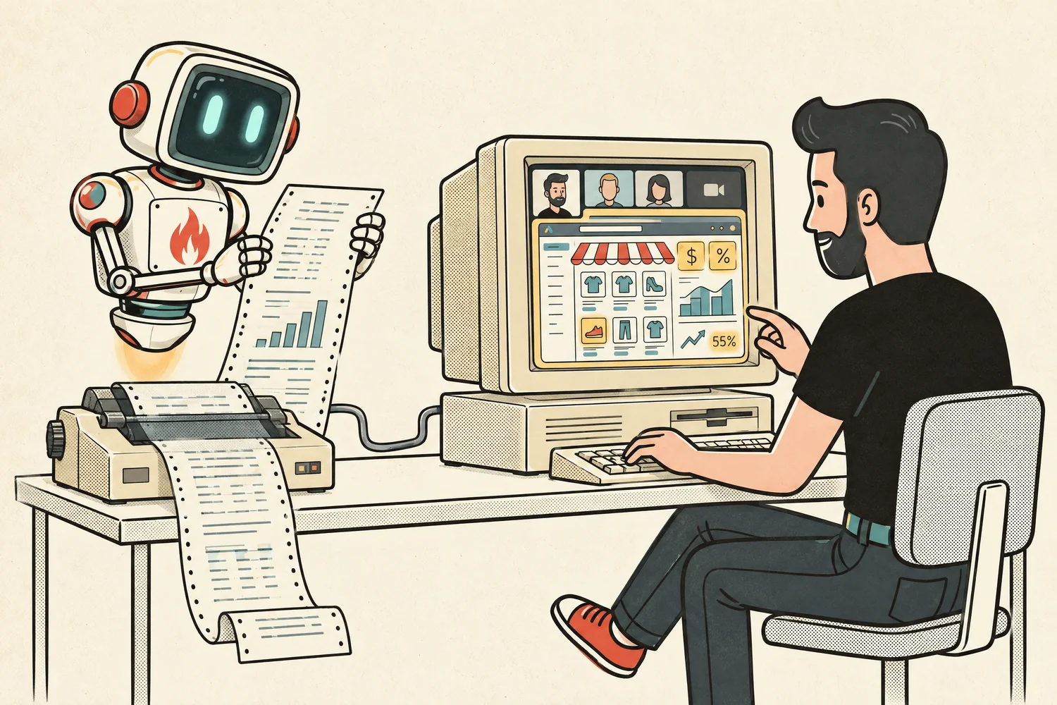 A Big Flare specialist reviews a store dashboard on a vintage beige computer while the Big Flare AI robot reads the same data on a long printout from a connected dot-matrix printer