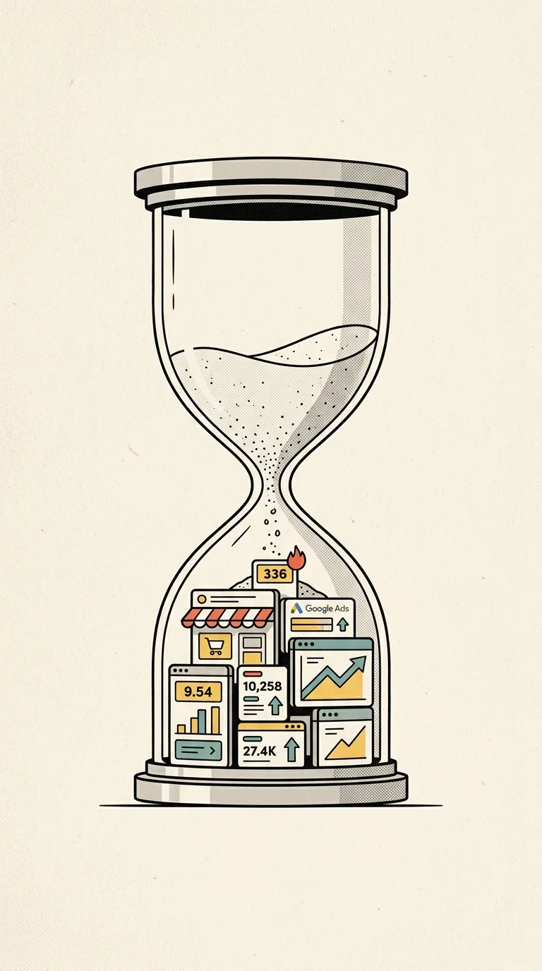 An hourglass whose lower bulb holds a small ecommerce storefront and Google Ads dashboard panels, filling with sand