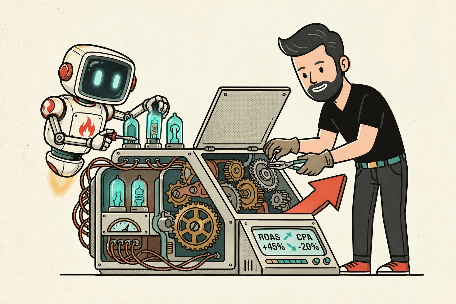 A Big Flare specialist and the Big Flare AI robot repair an opened retro computer together, the robot seating a vacuum tube while the specialist adjusts the gears