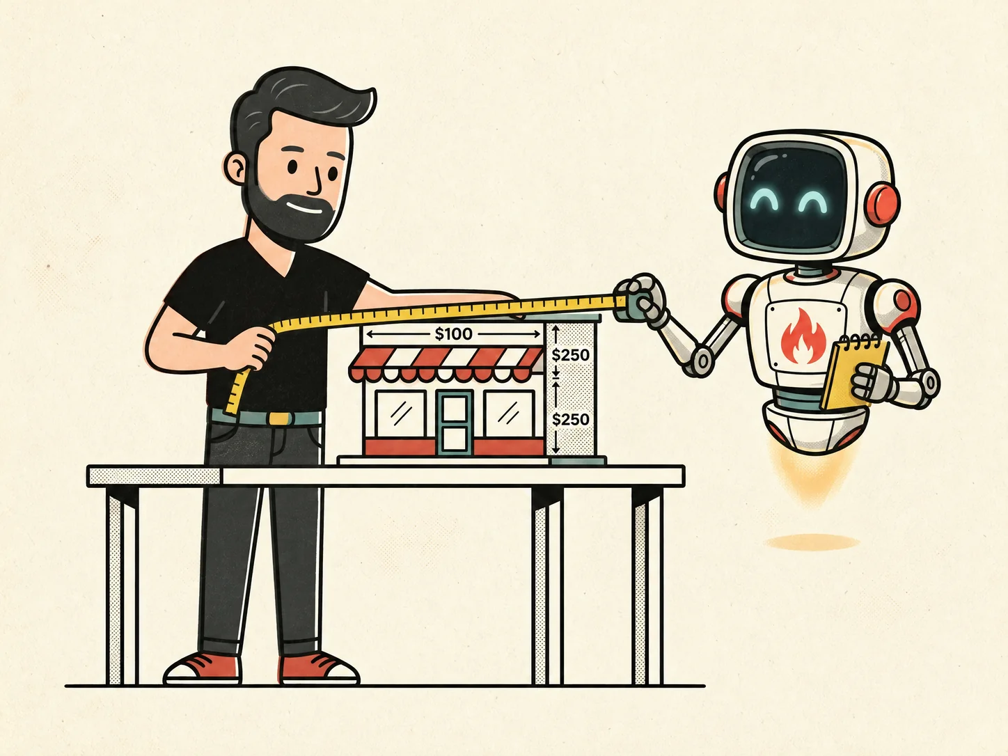 A Big Flare specialist measures a miniature storefront with a tailor's tape measure while the Big Flare AI robot holds the far end and notes the size