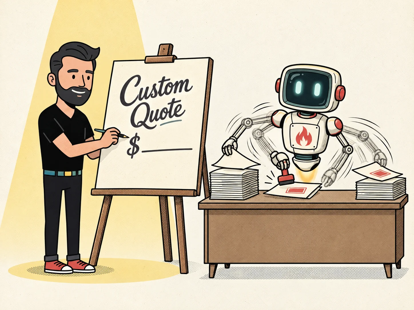 A Big Flare specialist is about to write the number on a sheet reading Custom Quote while the Big Flare AI robot rapidly rubber-stamps a stack of papers at a desk