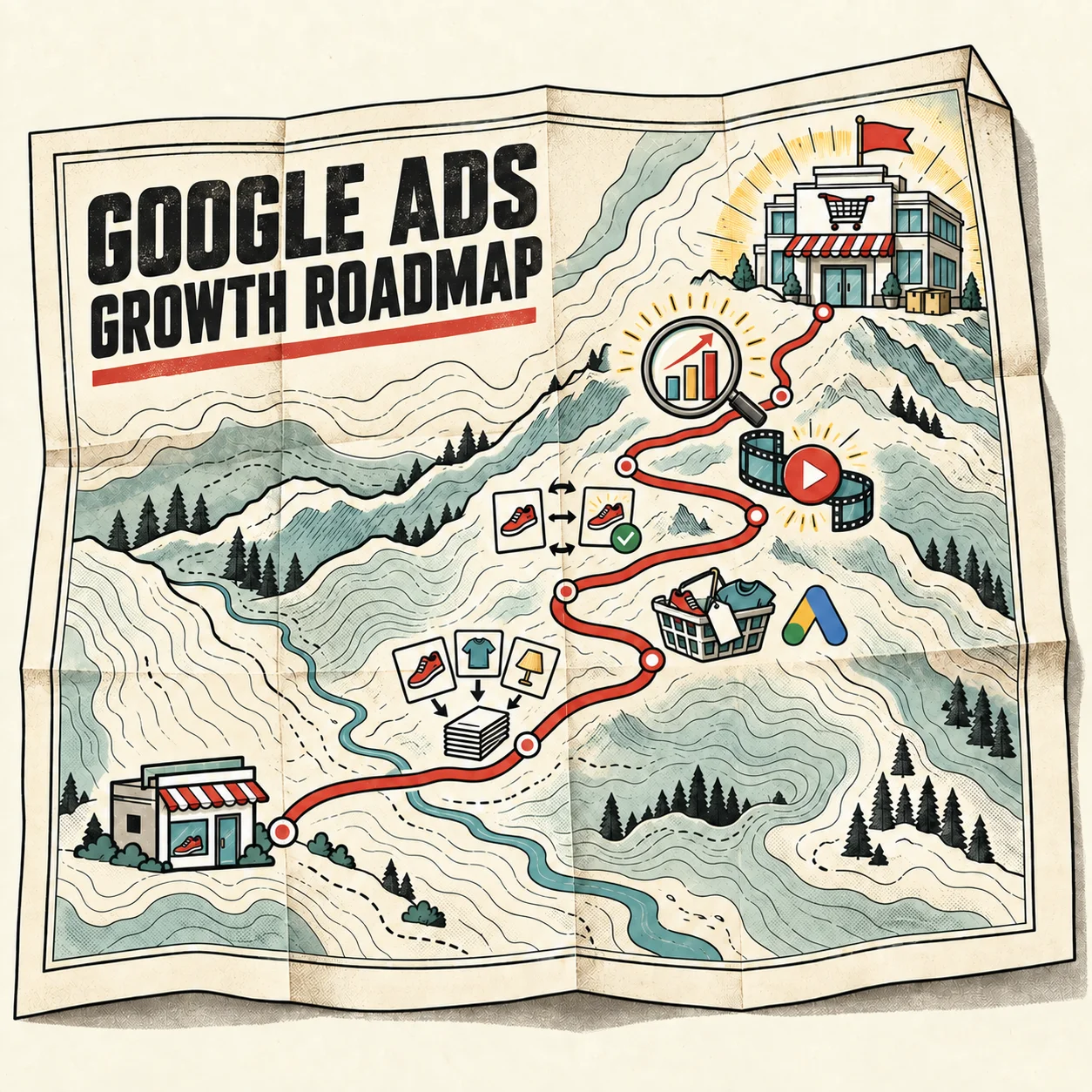 The Google Ads Growth Roadmap: a folded paper map with a red route that winds from a small shop past product feed, Shopping, video and reporting milestones up to a large glowing store